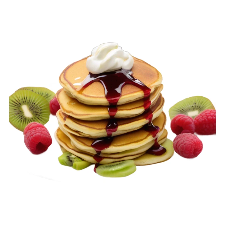 three pancakes with sour cream on top, raspberry jam and kiwi slices in a white plate sticker