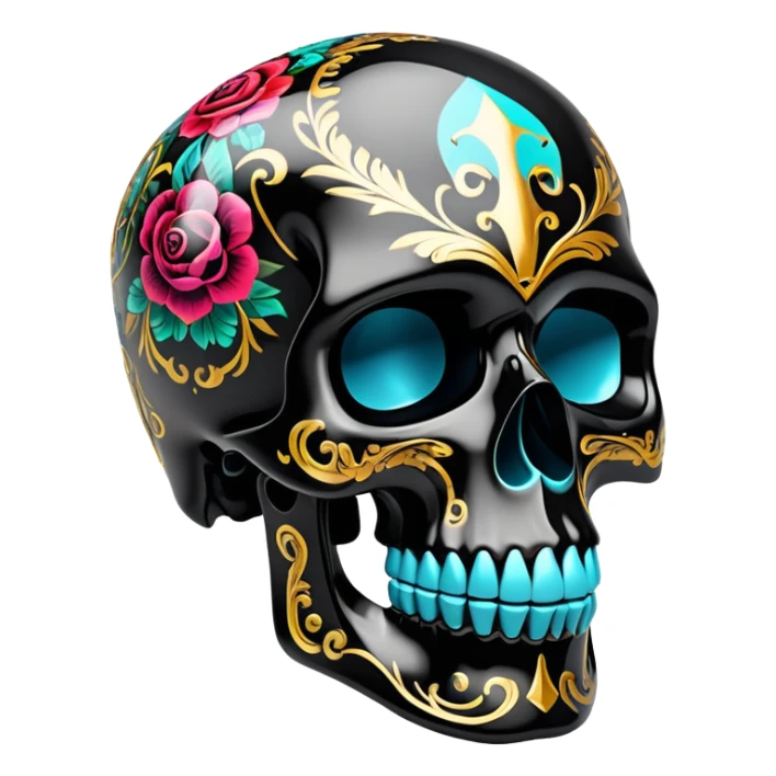 high-end glossy black skull with intricate luxury brand pattern, prismatic color accents inside skull only, professional street art quality, side view sticker