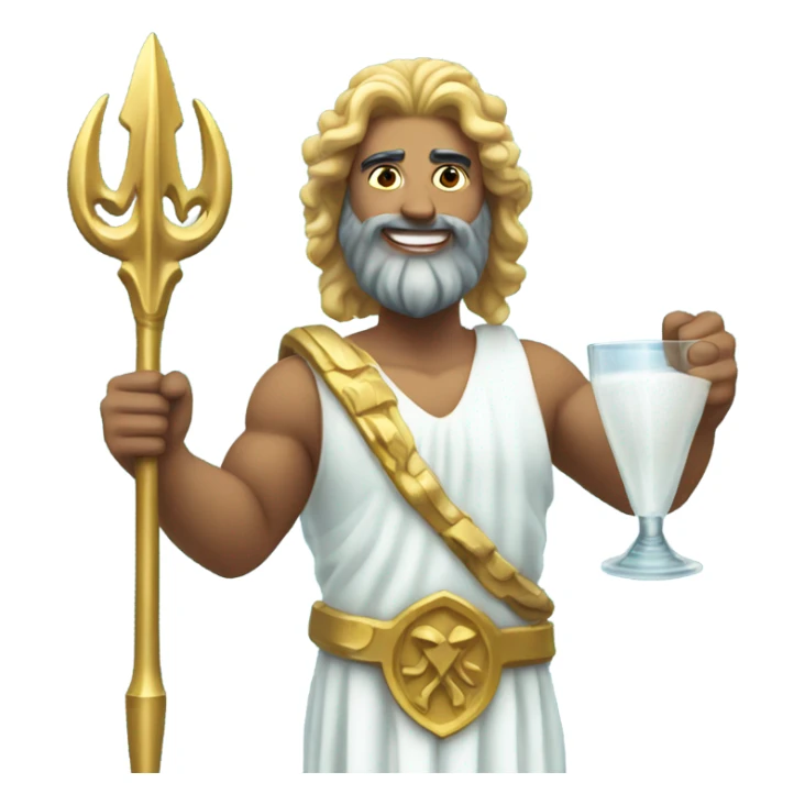 Poseidon with Trident. white dress. smile . eye blink. with glass sticker
