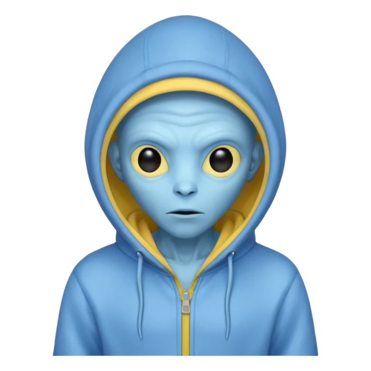generate a blue alien wearing a yellow hoodie with no zipper sticker