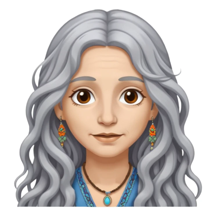 woman hippie long wavy gray hair brown eyes nose ring sticker