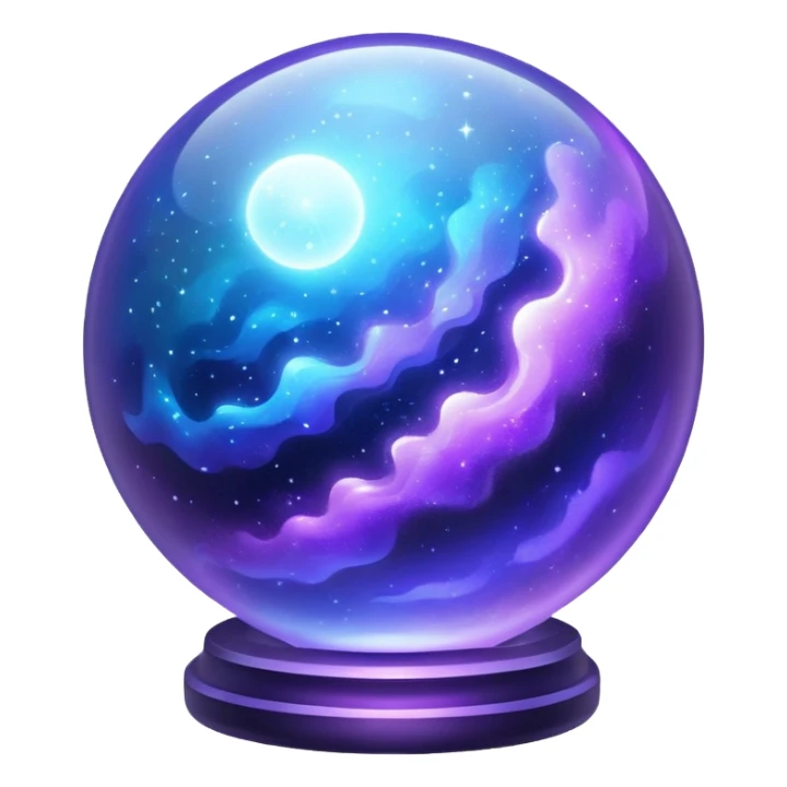 a magical glass sphere filled with flaoted purple and blue dust, glowing, 3d sticker