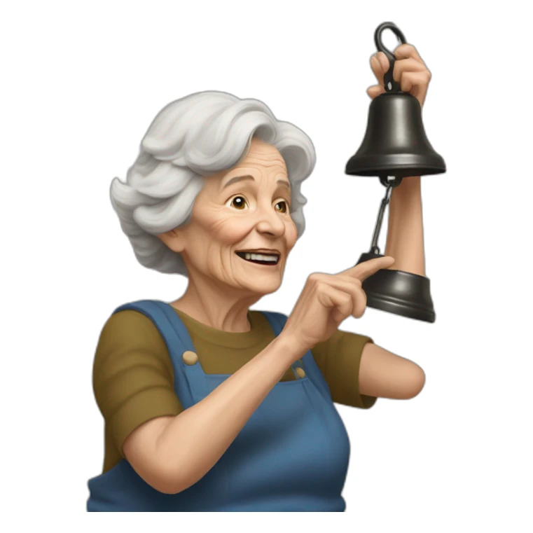 Hyperrealist Old woman touch a big bells sticker