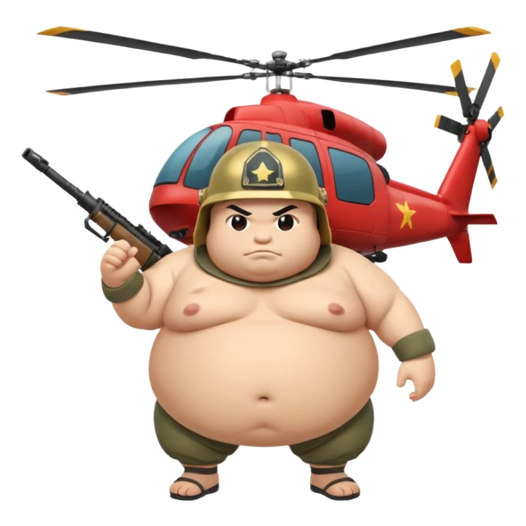 A fat sumo fighter holding a RPG with a army helmet and he’s hanging off a side of a helicopter  sticker