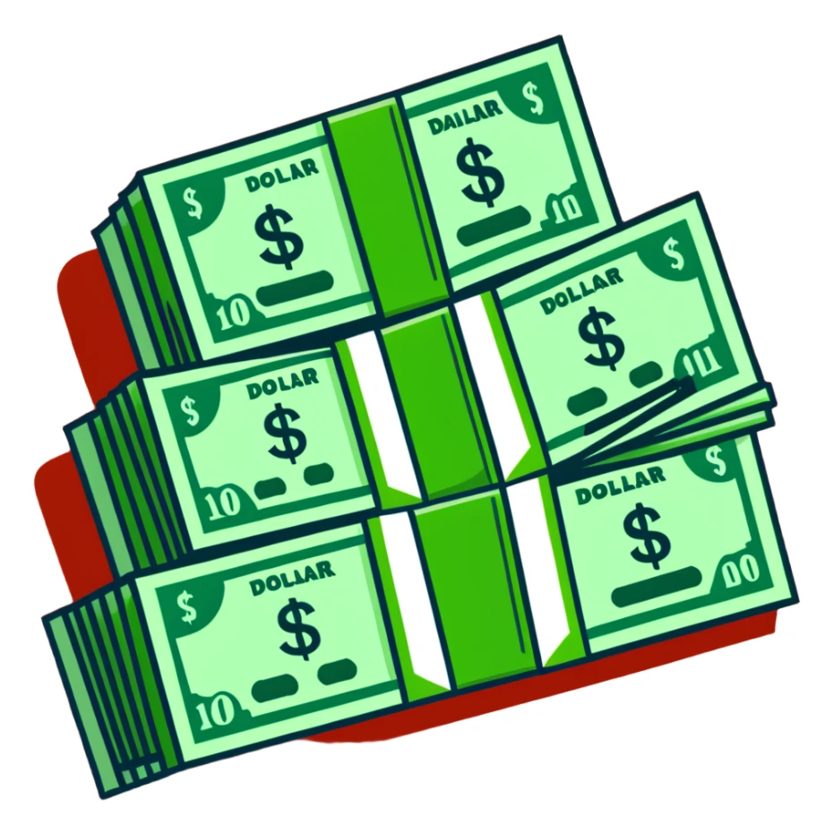 green upward arrow next to progressively taller stacks of dollar bill packs wrapped with bands sticker