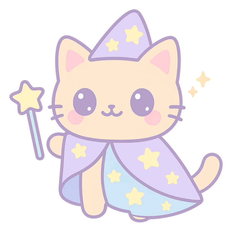pastel tone kawaii style wizard cat with starry cloak and magic wand sticker
