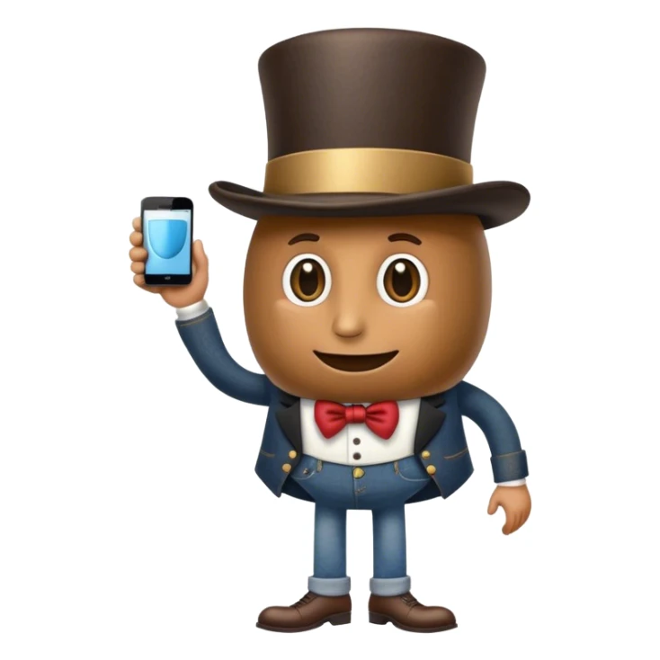 a coffee bean with a top hat, legs with jeans on them, and a big left ear sticker