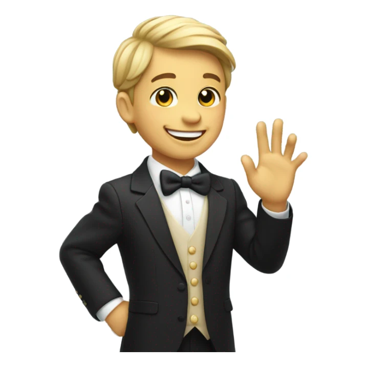 smiling boy in formal attire, waves his right hand Hello! sticker