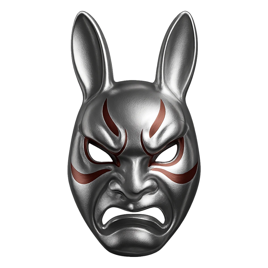 stylized usagi rabbit kabuki mask, red and white, angry expression, shiny chrome look sticker
