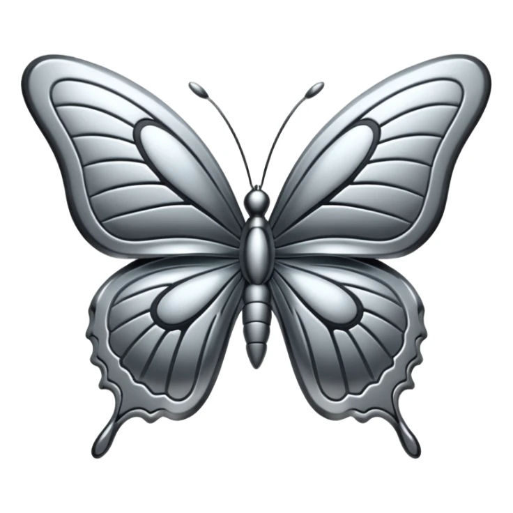 Liquid metal butterfly emoji, silver chrome material, iOS emoji style, smooth curves, reflective surface, elegant and minimal, white background sticker