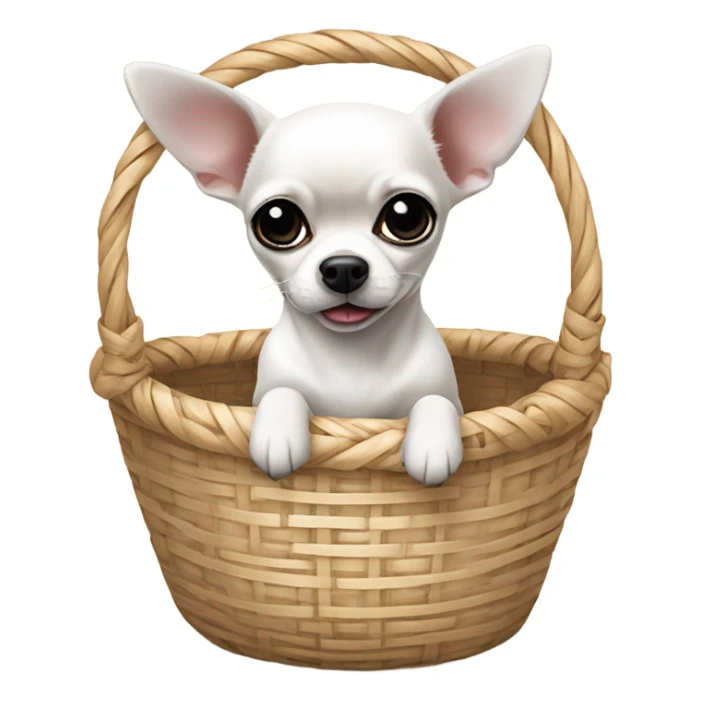 white chihuahua with black ears in basket with bow sticker