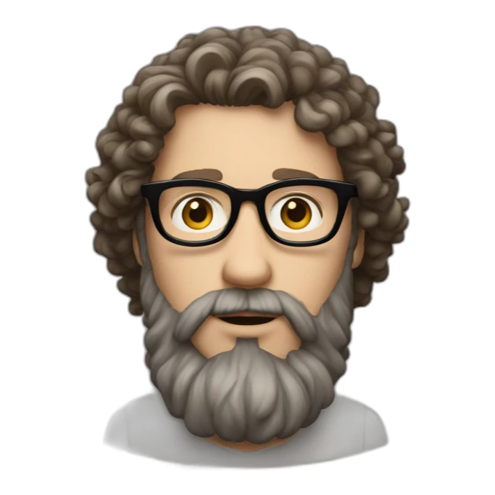 white man with curly brown hair, long beard and black rimmed glasses sticker