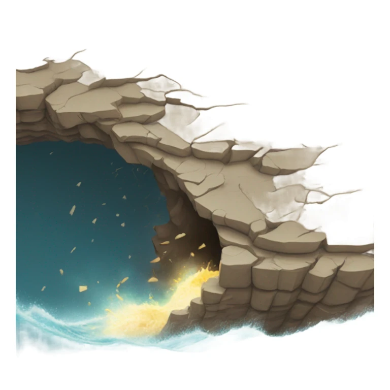 Cracks opening in the ground, with pieces of rock and debris flying through the air, causing a wave of energy to ripple outward from the epicenter of the shock. sticker