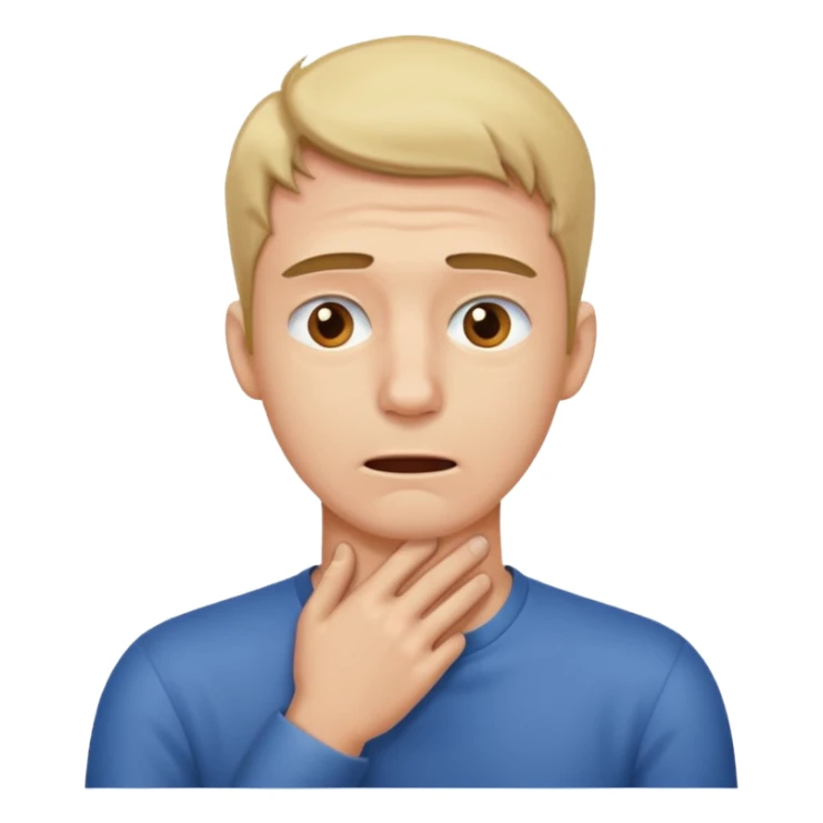 A man looking stressed holding the front of his neck  sticker