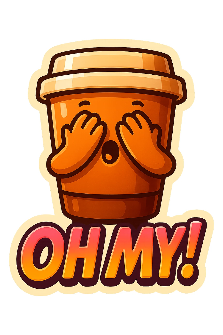 Tall coffee cup, hiding face, peeking through fingers, big "Oh My!" sticker