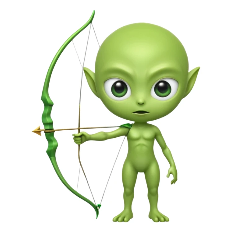 3D emoji-style green alien holding a bow and arrow, glossy texture, smooth skin, large expressive eyes, small humanoid body, minimalist background, soft lighting, Pixar-style rendering, high detail, cute but slightly serious expression, clean centered composition sticker