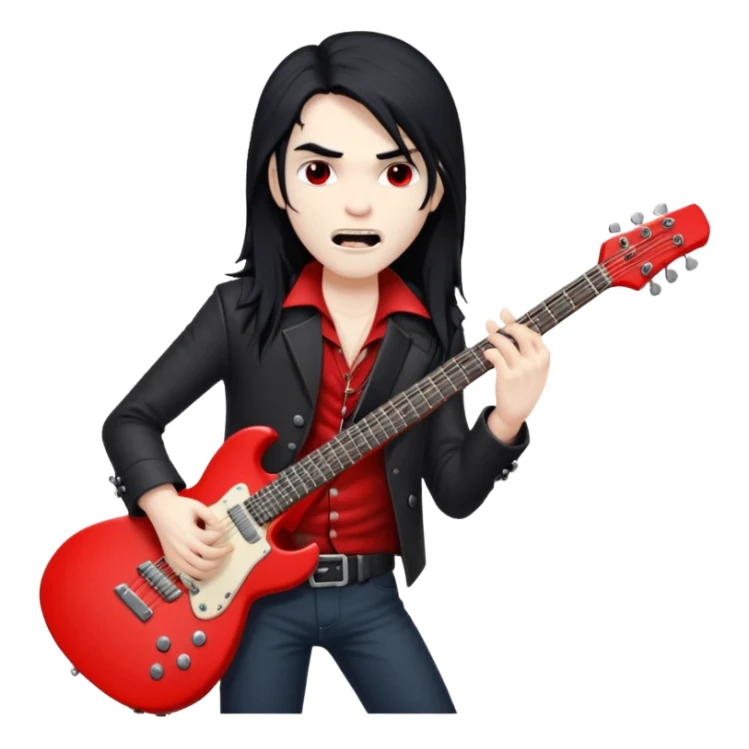 pale white vampire with long black hair holding a red electric guitar sticker