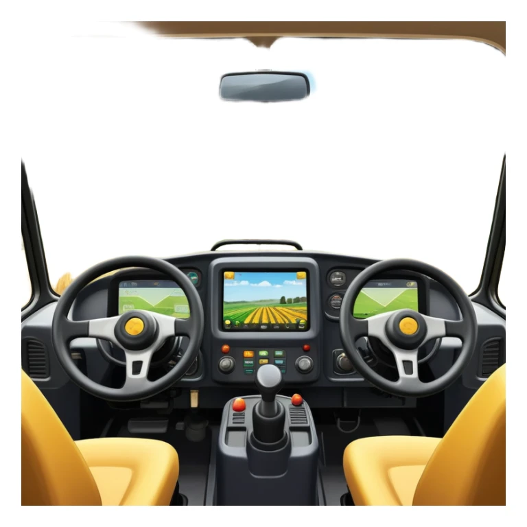 a view from the tractor cabin, with the dashboard in focus, overlooking a vibrant rural landscape. Inspired by Farming Simulator 22, the scene includes fields, crops, and distant barns under a bright sky. The design highlights the immersive experience of farm management. transparent background sticker