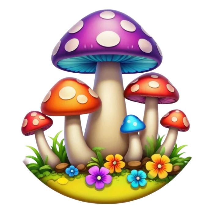 A round psychedelic colored button with beveled edges and colorful hippie style mushrooms sticker