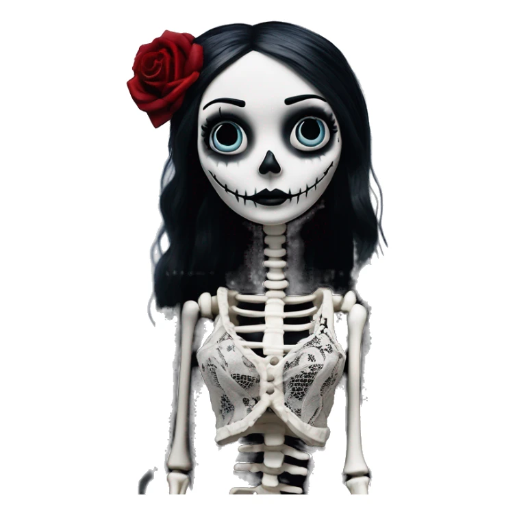 full height skeleton body, tim burton "corpse bride", thin porcelain doll with a cracked face, goth makeup watery eyes, long hair, lace and ruffles, lolita style, inked, black and white, red roses sticker