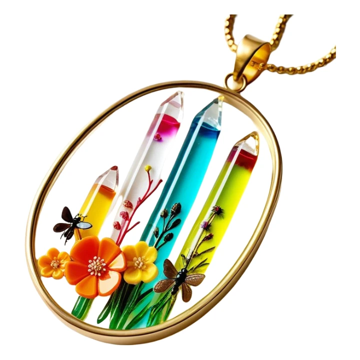 Create an icon that represents decorative arts using epoxy resin. The design should feature colorful tubes of resin, including fluorescent resin tubes, with visible drops or strokes of resin being applied to create intricate designs. Include finished resin jewelry pieces, such as pendants or rings, containing preserved flowers and insects encased in clear resin. The composition should feel vibrant, artistic, and delicate, showcasing the unique beauty of resin art with natural elements. The background should be transparent sticker
