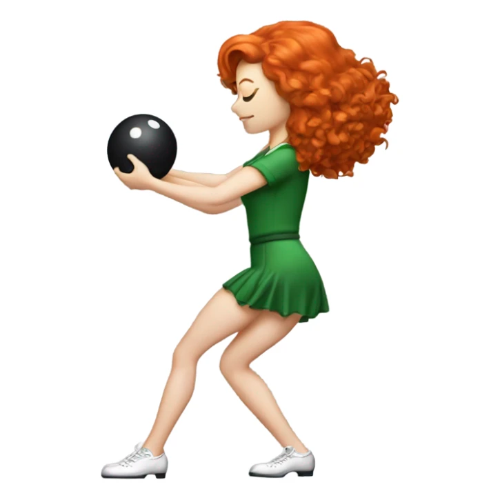 Irish, red-headed, female dancer bowling, in a standing, slightly bent over stance holding a bowling ball appropriate in size to their size sticker