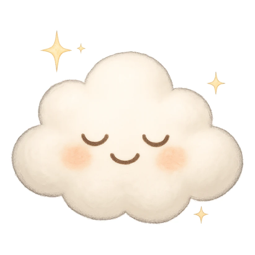 serene puffy cloud character with soft smile, closed eyelids, and shimmering sparkles, radiating calm and peace sticker