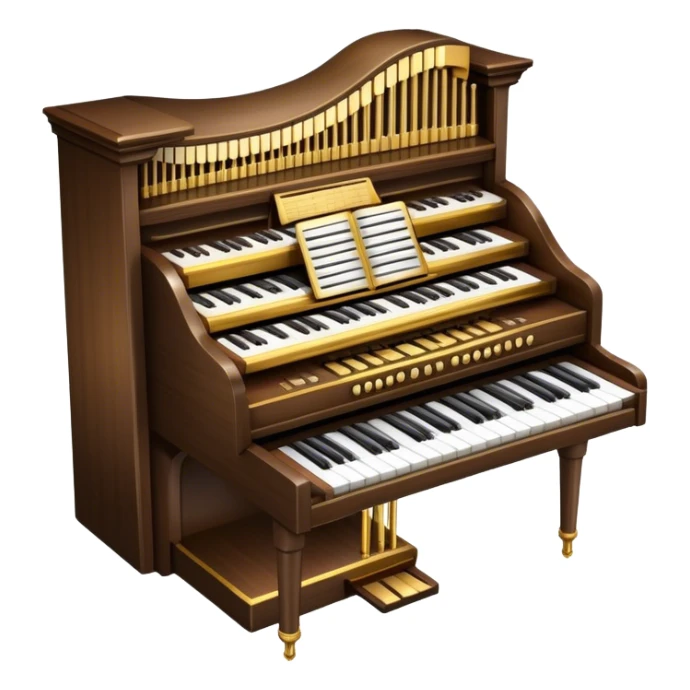 Create an elegant and majestic emoji representing a classical organ. The design should feature the grand pipes of the organ in the background, with visible details of the keys and pedalboard in the foreground. The pipes should be tall and impressive, with a mixture of gold, silver, and metallic shades to emphasize the grandeur of the instrument. The keyboard and pedals should be well-defined, capturing the intricate craftsmanship of the organ. Use dark wood tones and gold accents for the body of the instrument to give it a rich, historic feel. Add subtle musical notes around the organ to evoke its deep, resonant sound. The background should be transparent. sticker