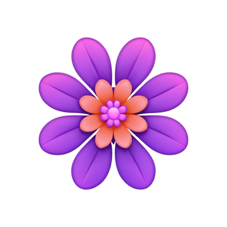 minimal tech-flower emoji with five smooth purple petals in a circle, glowing coral-pink center, light pink rounded rounded square background, futuristic elegant sticker