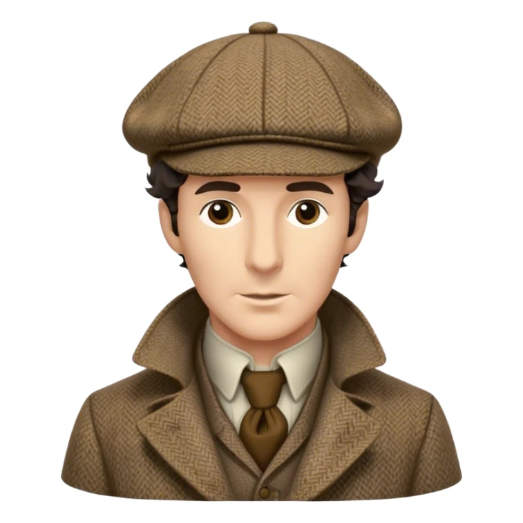 sherlock holmes, wearing a deerstalker hat with the fabric is often tweed, which features a subtle checkered or herringbone pattern with darker and lighter threads woven together, creating texture and depth.  sticker