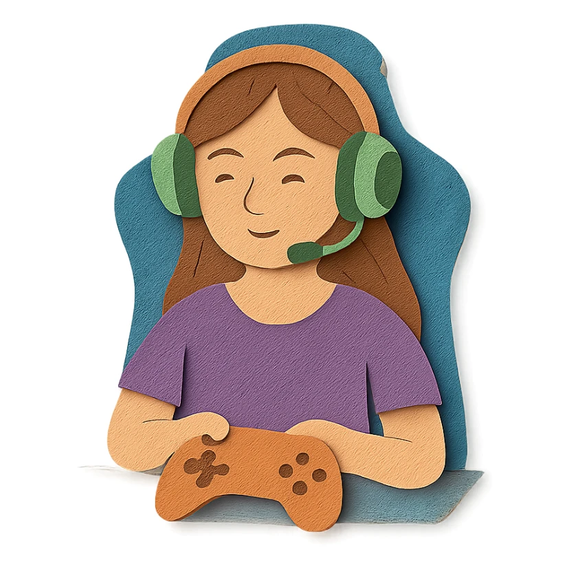 female streamer with headphones and a gaming chair sticker