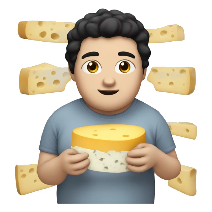 Fat white boy with black hair eating cheese sticker