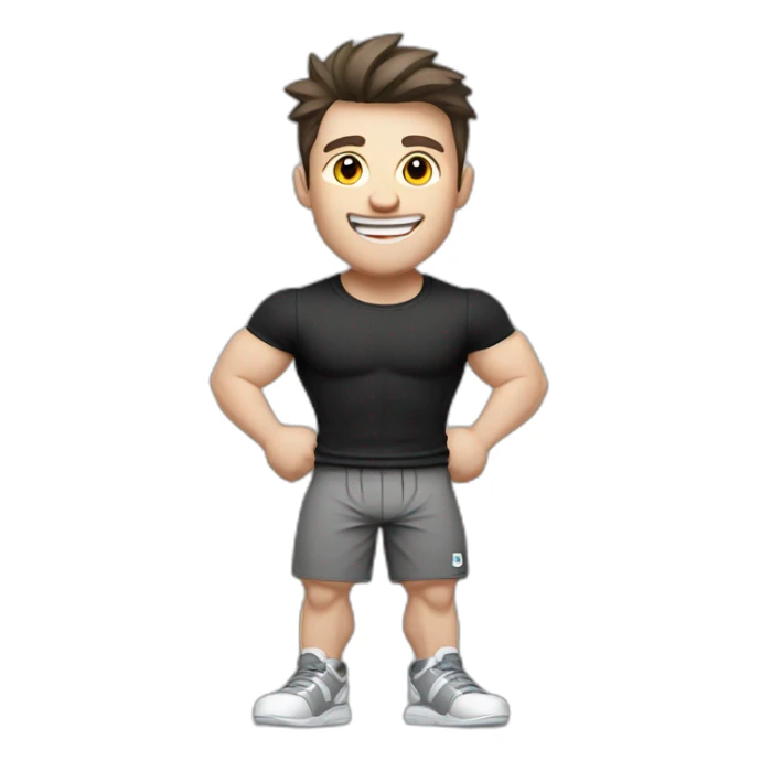 Joyful Celebrating victory Pale skinned Fit Man With the biceps and dark brown hair in black shirt, gray sports shorts and white Sneakers sticker