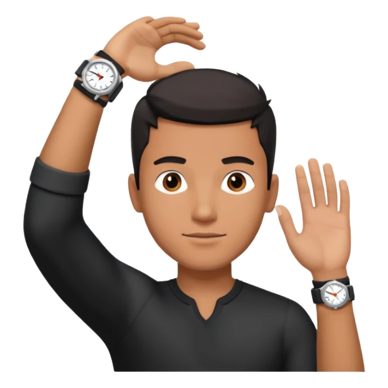 diverse man wearing a black strap watch on his wrist portrait, head and shoulders only, wrist raised slightly showing the watch clearly, modern style, 3D cartoon, mobile game icon style, clean background, no text, no watermark
 sticker