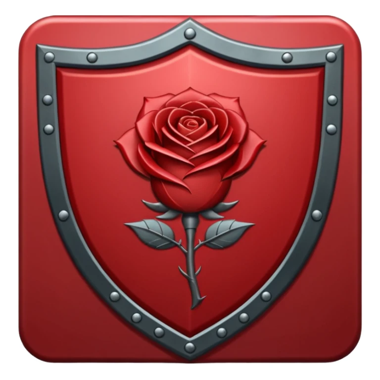 A bold, symmetrical shield icon in deep blood red (#7A0F1E) with a sharp silhouette and slightly pointed base. Centered on the shield is a stylized rose with subtle thorn accents — clean but slightly angular, giving it a defensive edge. sticker