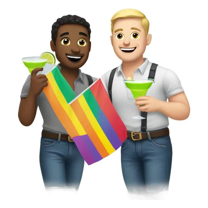Gay white men drinking margaritas with a pride flag sticker