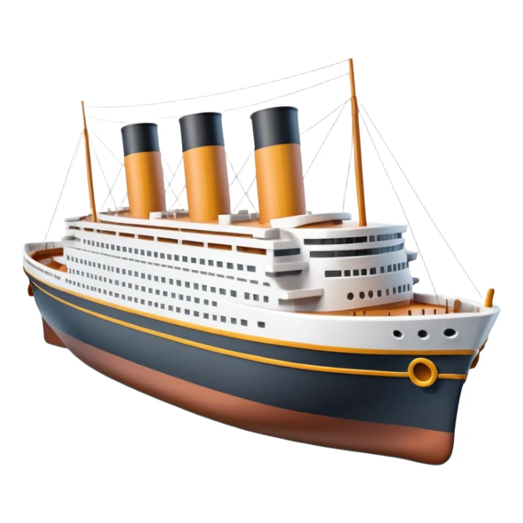 A 3D emoji of a Titanic ship in Apple style, glossy and smooth surface, bright clean colors with subtle shading, simple and minimal details, no face or expressions, floating on calm ocean, soft shadows, high-quality render, isolated on white background.


 sticker