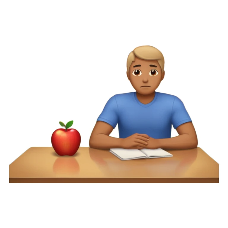 a man sits sadly at a table, a house is burning behind him, apple style emoji sticker