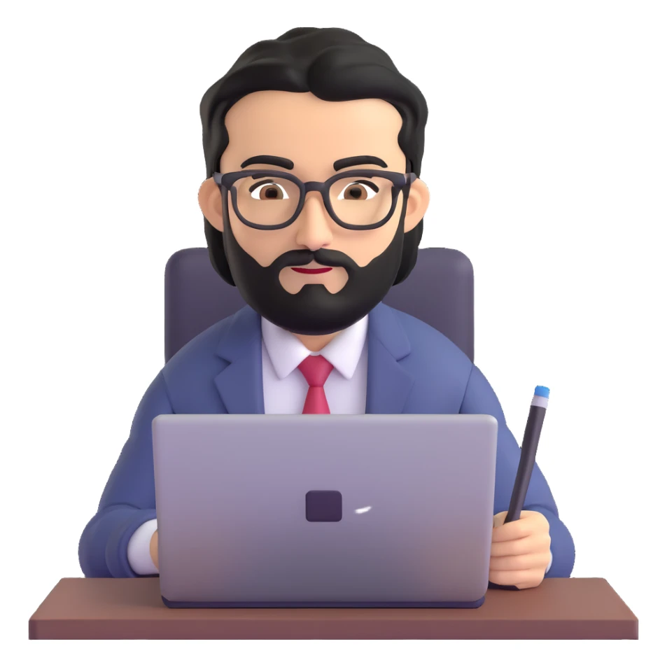 middle eastern businessman with medium length black beard, black hair, thick unibrow, elongated nose, tan skin, brown eyes, glasses, in business casual outfit, working on a notebook computer sticker
