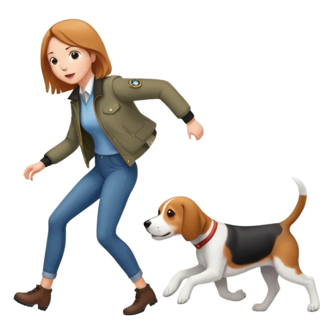 A beautiful tall girl with fair skin wearing a jacket chasing a beagle sticker