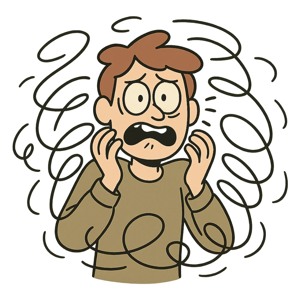 a person surrounded by swirling lines, showing anxiety, cartoon style sticker