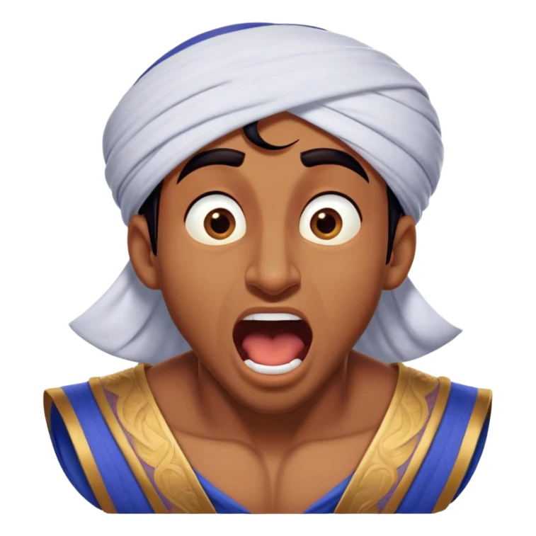 Cinematic Realistic Aladdin Portrait, head tilted slightly with a dramatic, wide-open yawn, revealing a relaxed, yet still vigilant expression. The lifelike textures of his skin and carefully rendered fabric of his attire combine with warm, ambient lighting to capture a moment of endearing, laid-back heroism. sticker
