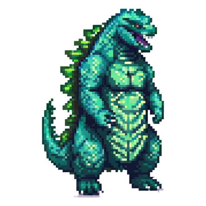Godzilla, detailed, green scales, city background, pixel art style sticker