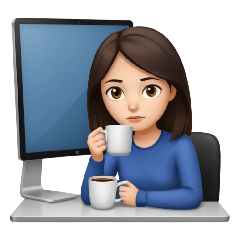 A brunette girl with dark brown eyes, dark circles under eyes, tired, sad face, with a mug of coffee in one hand and sitting in front of a computer sticker