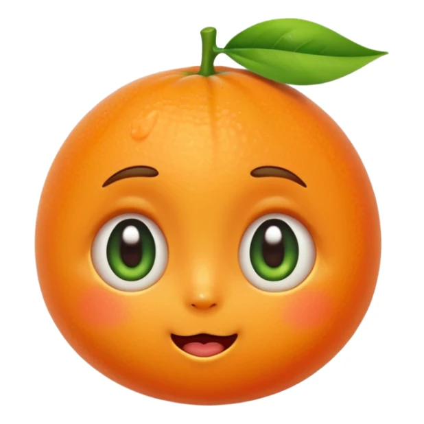 cute tangerine emoji with teary touched expression, shiny big eyes, small smiling mouth, slightly blushing cheeks, little green leaf on top, warm and emotional sticker