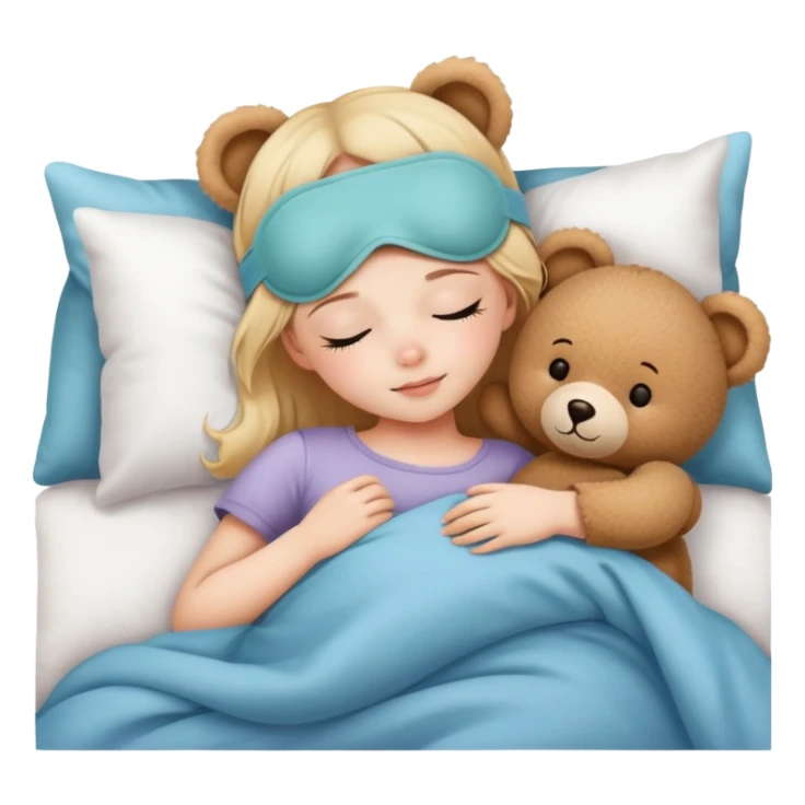 A girl Wearing a cute sleep mask is sleeping with a Teddy Bear sticker