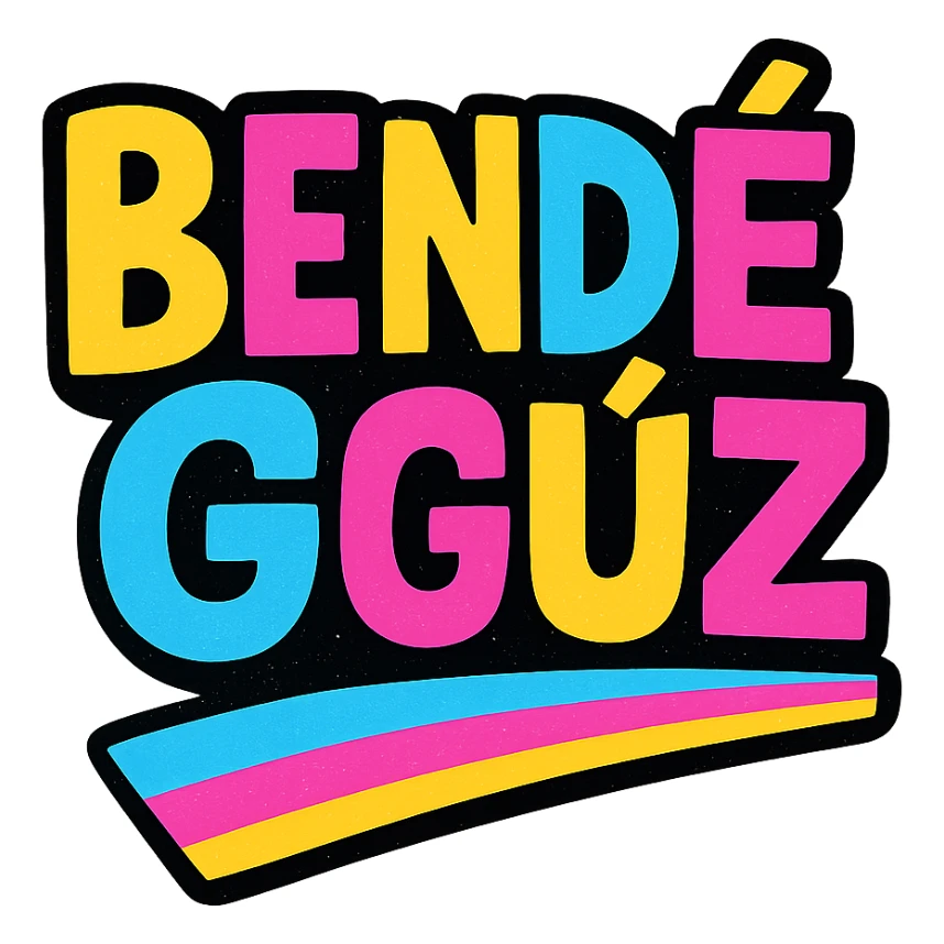 Bendegúz name in colorful, modern, dynamic style with dark outline, transparent background, slanted colorful underline, based on reference patterns sticker