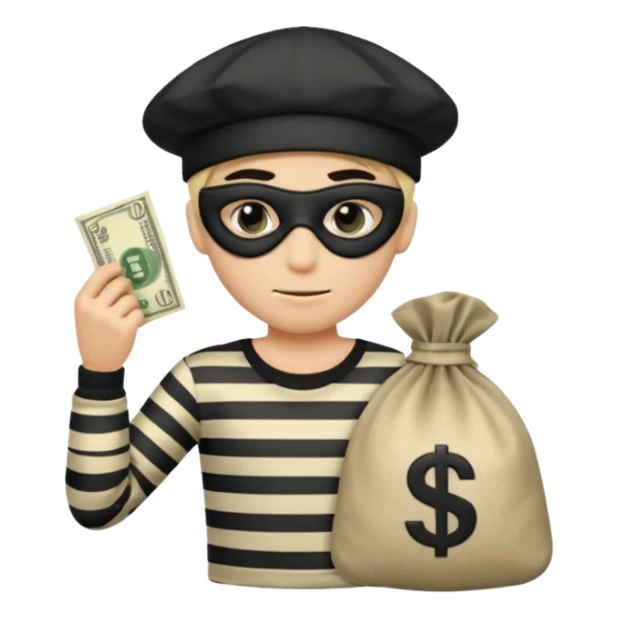 Cartoon-Räuber mit schwarzer Augenmaske, gestreiftem Shirt, schwarzer Mütze und einem Geldsack mit $-Zeichen. sticker