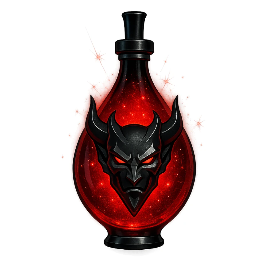 red demon drop-shaped luxurious elixir bottle, Discord edgy and cool vibe, deep red color, black and silver details, intense magical glowing and sparkling effects, very small neck, seamless bottom, transparent background, floating, no base or shadow, modern, matching a collection sticker