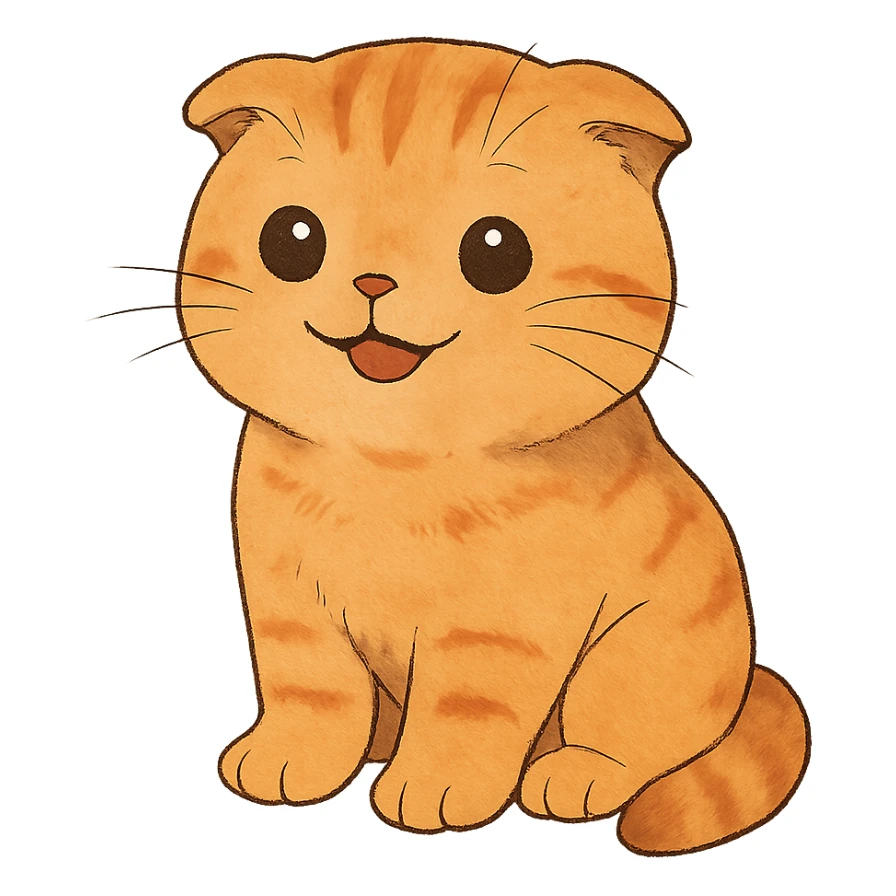 happy orange scottish fold kitten sitting, dark round eyes, cute sticker
